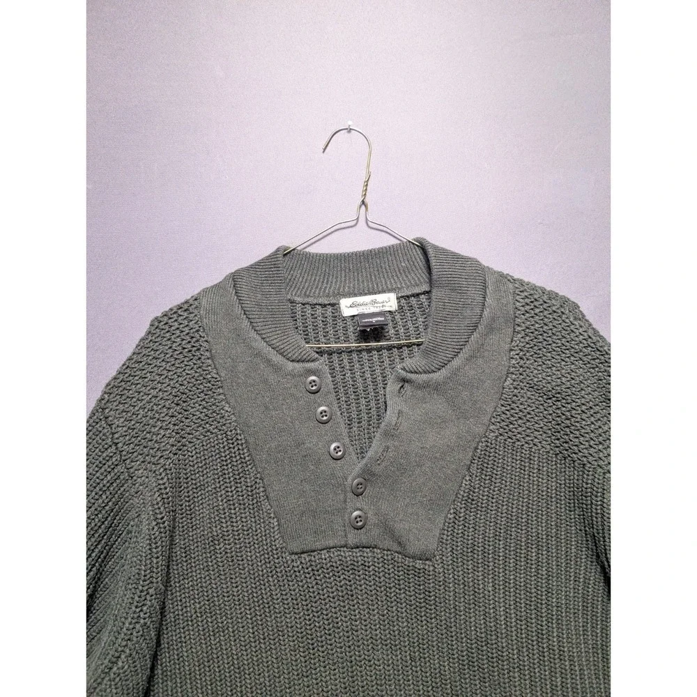 Vintage Eddie Bauer Henley Sweater Men's Large Green Chunky Knitted Classic Fit
